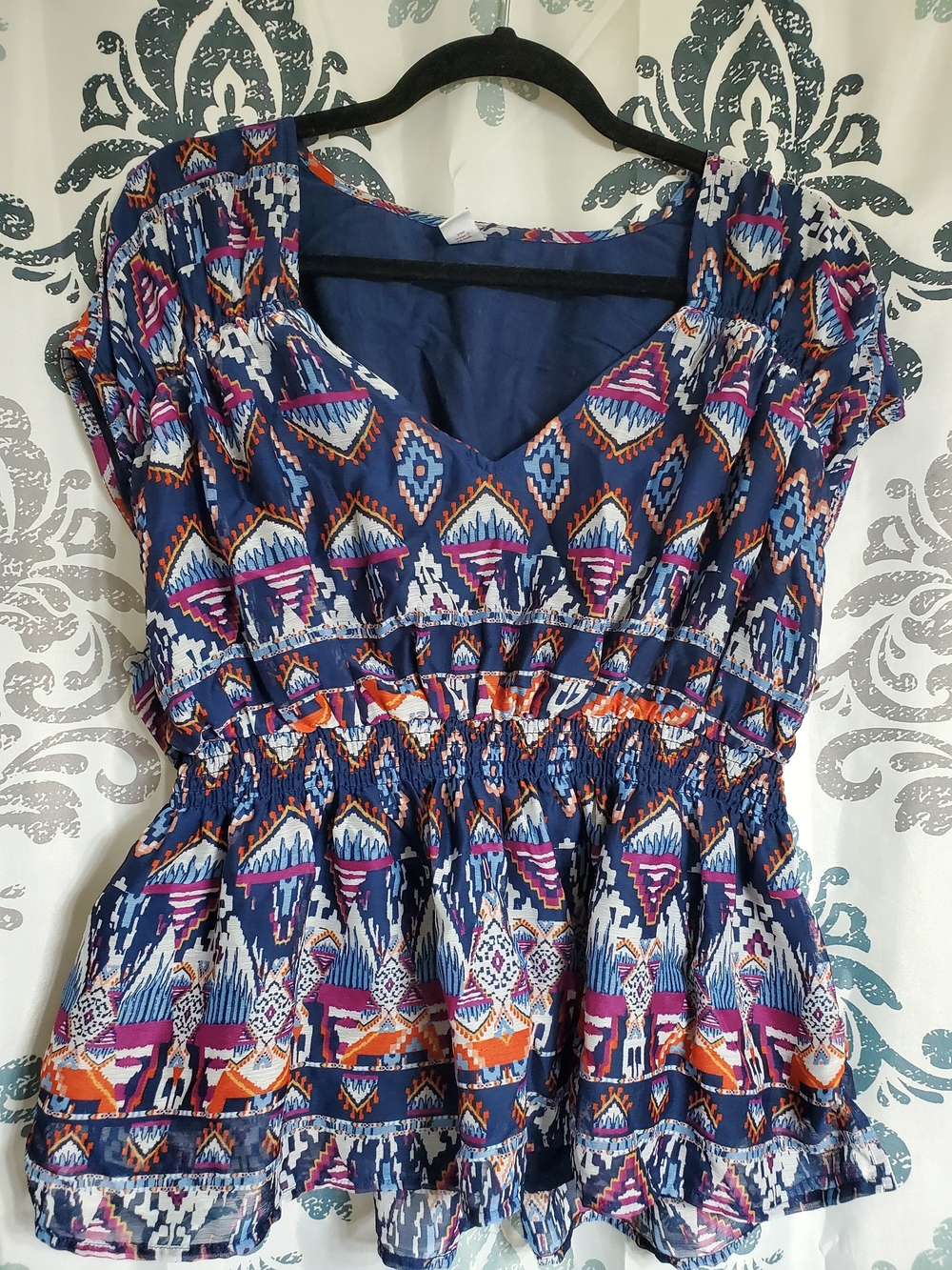 Old Navy Navy Blue Tribal Peplum Tunic with Purple, Pink & Orange Accents